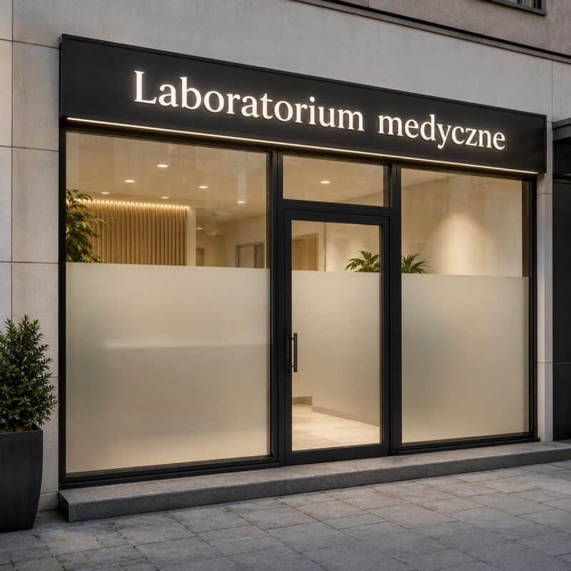 Laboratorium medyczne z nowoczesnym wejściem i dużymi oknami.