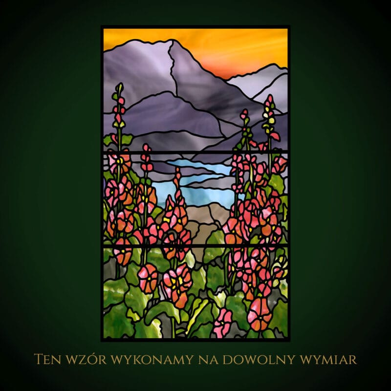 Witraż imitacja witrażu z górami i kwiatami, nowoczesny design.