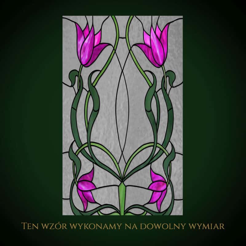 Witraż z tulipanami w stylu art nouveau, kolorowe szkło.
