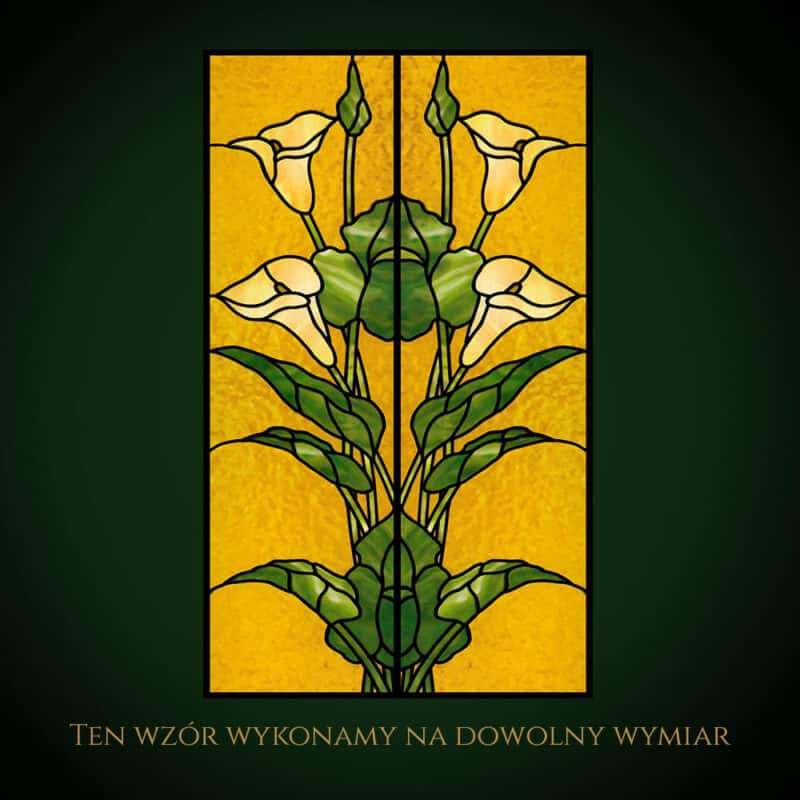 Witraż nowoczesny z kwiatami calla na żółtym tle.