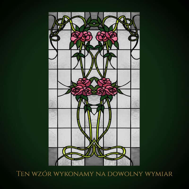 Nowoczesny witraż z różowymi kwiatami i zielonymi liśćmi na białym tle.
