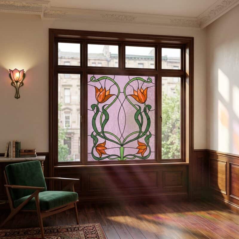 Nowoczesny witraż z motywem kwiatów na oknie w eleganckim wnętrzu.