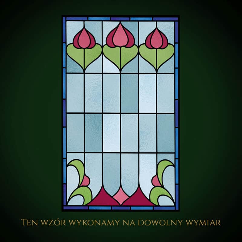Witraż z czerwonymi makami i zielonymi liśćmi, nowoczesny design.