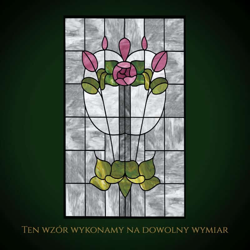 Nowoczesny witraż z różowymi kwiatami i zielonymi liśćmi, idealny do dekoracji wnętrz.