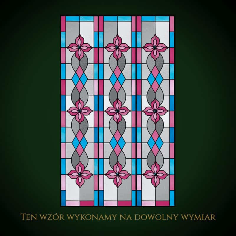 Kolorowy witraż z motywem kwiatów i prostokątów, bez kosztów klasycznych realizacji.