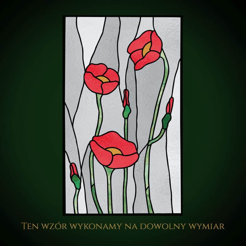 Nowoczesny witraż z czerwonymi makami i zielonymi łodygami.