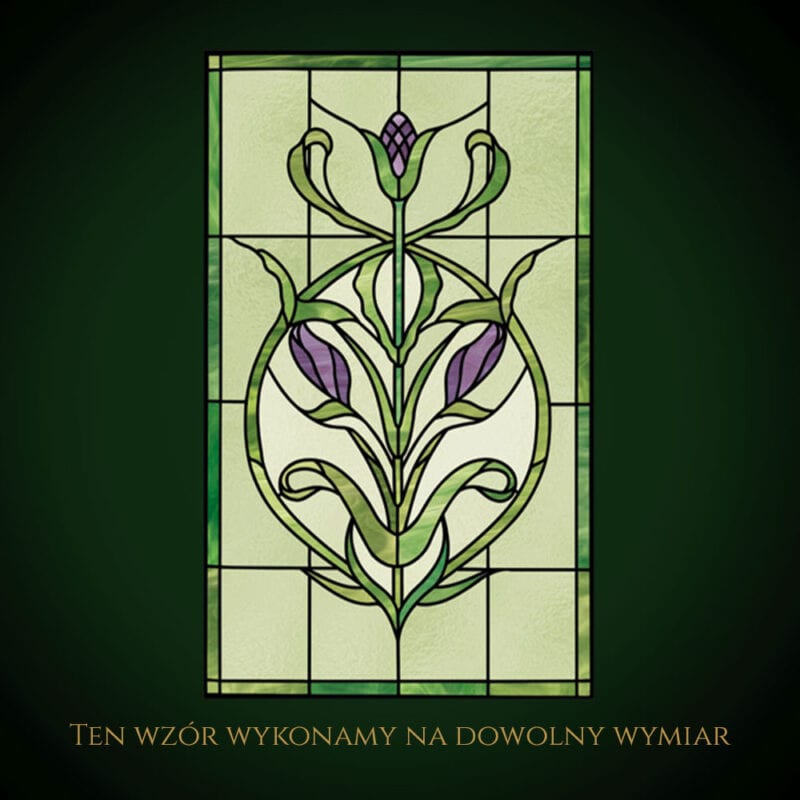 Nowoczesny witraż z kwiatowym motywem w zieleni i fioletach.