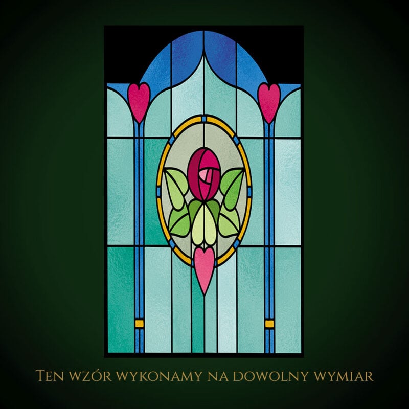 Nowoczesny witraż z motywem kwiatu i serc, kolorowe szkło artystyczne.