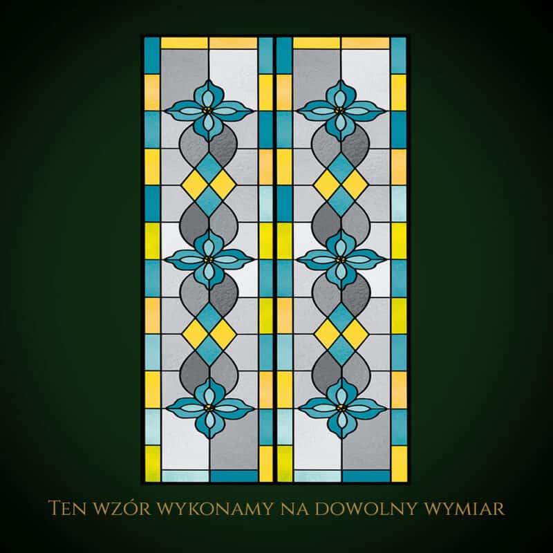 Nowoczesny witraż z turkusowymi kwiatami i żółtymi akcentami.