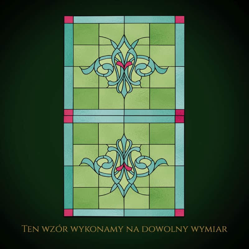 Nowoczesny witraż z geometrycznym wzorem i kolorami zieleni i różu.