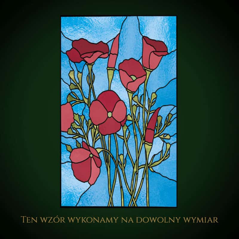 Witraż z różowymi kwiatami na niebieskim tle, nowoczesny design.