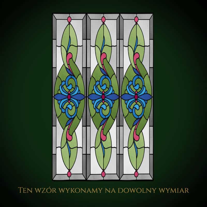 Nowoczesny witraż z kolorowymi elementami i ornamentami.