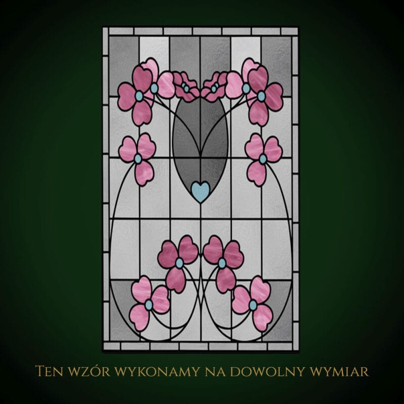 Nowoczesny witraż z różowymi kwiatami i sercem, idealny do dekoracji wnętrz.