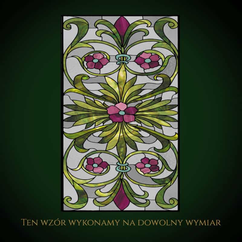 Nowoczesny witraż z kwiatowym motywem i ornamentami.