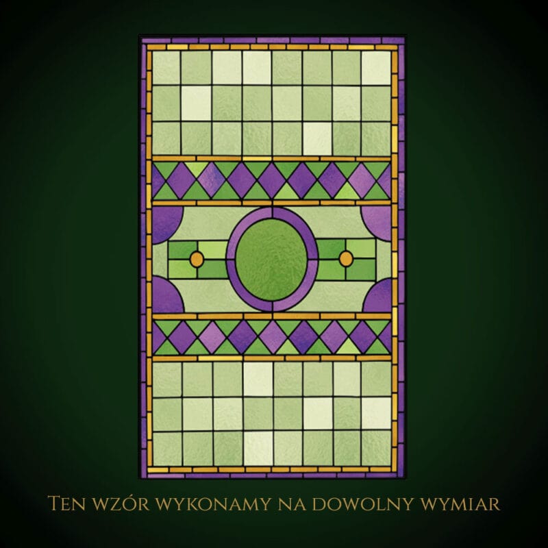 Nowoczesny witraż z geometrycznym wzorem i kolorami zieleni, fioletu i złota.