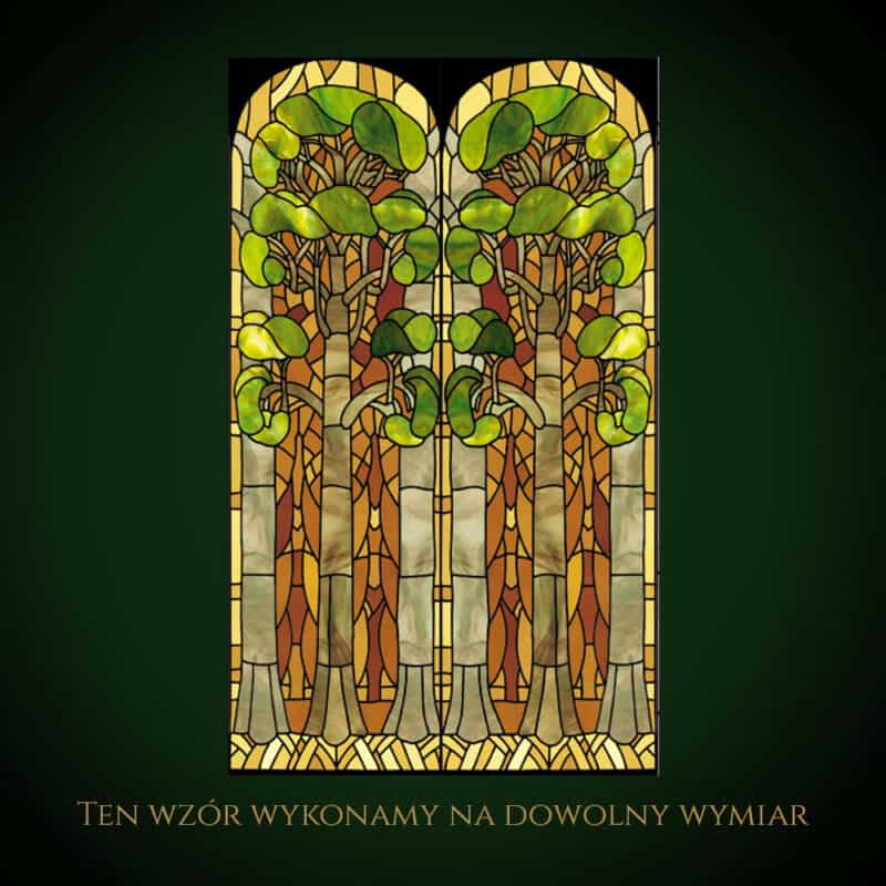 Nowoczesny witraż z drzewami i zielonymi liśćmi, inspirowany naturą.