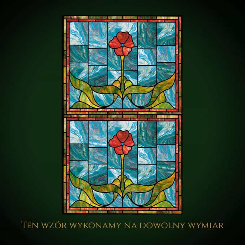 Nowoczesny witraż z czerwonym kwiatem i niebieskim tłem.