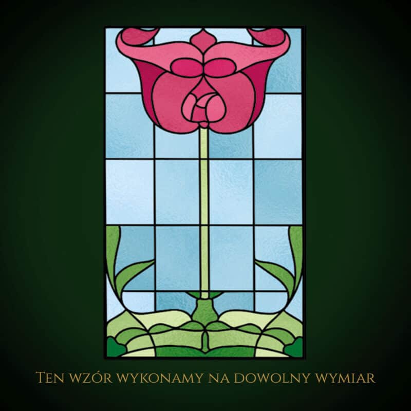Nowoczesny witraż z różowym tulipanem i zielonymi liśćmi.