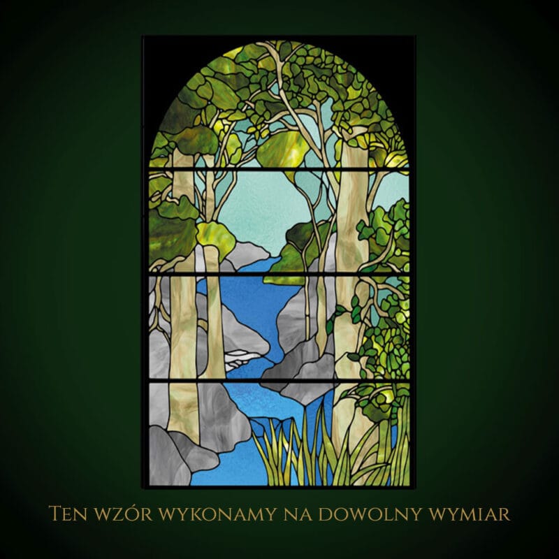 Nowoczesny witraż z motywem natury i rzeki, inspirowany klasycznym stylem.