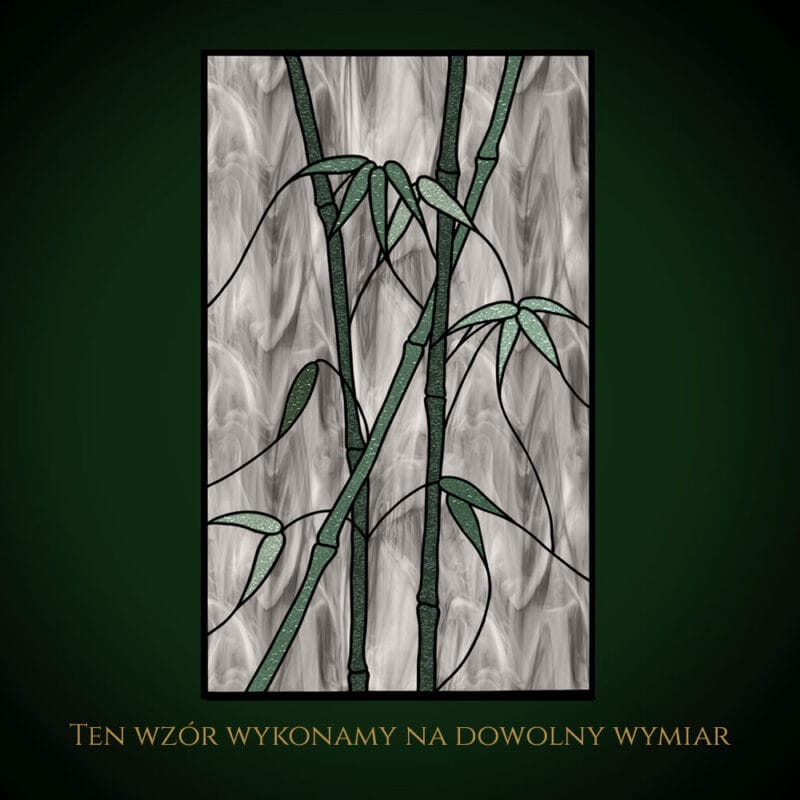 Nowoczesny witraż z motywem bambusa i szarym tłem.