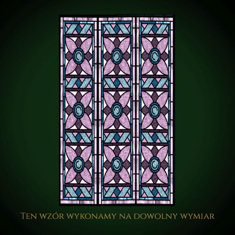 Nowoczesny witraż z różowymi kwiatami i geometrycznymi wzorami.