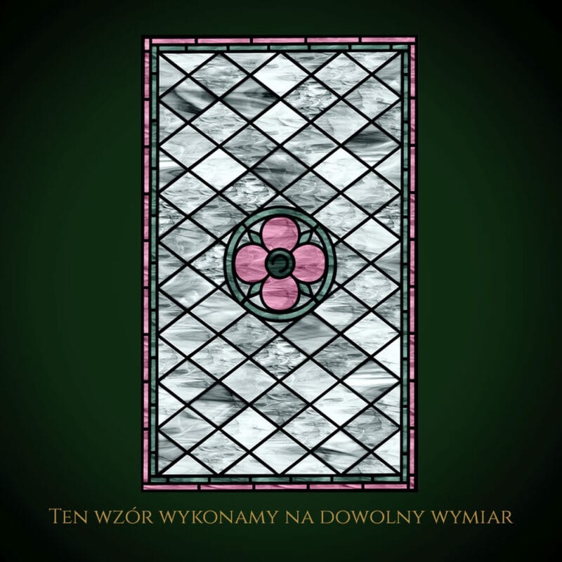 Nowoczesny witraż z różowym motywem i czarnymi ramami.