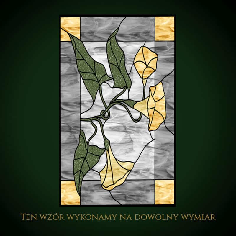 Nowoczesny witraż z kwiatami i liśćmi, kolorowe szkło artystyczne.