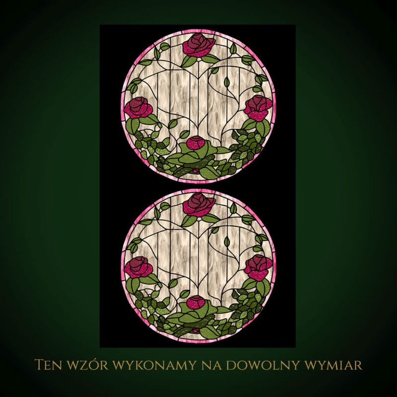 Nowoczesne witraże z różowymi kwiatami i zielonymi liśćmi, unikalny design.