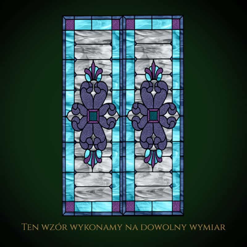 Nowoczesny witraż z niebieskimi i fioletowymi elementami.