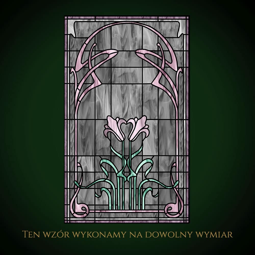 Nowoczesny witraż z motywem kwiatowym i abstrakcyjnym designem.
