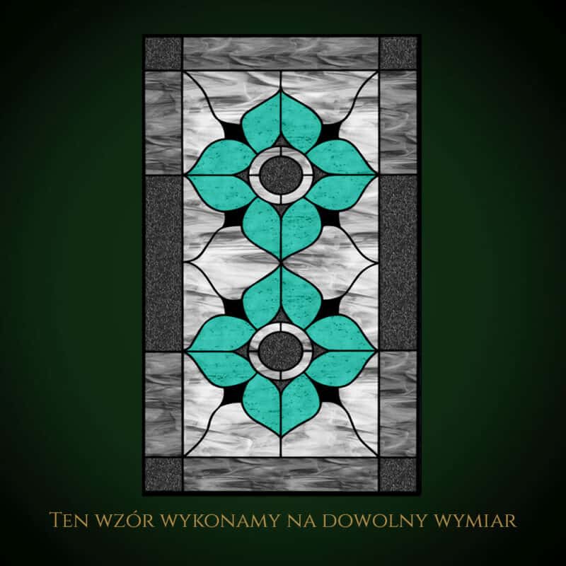 Nowoczesny witraż z motywem kwiatowym w odcieniach niebieskiego.