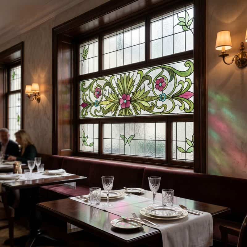Witraż nowoczesny z kwiatowym motywem w restauracji.