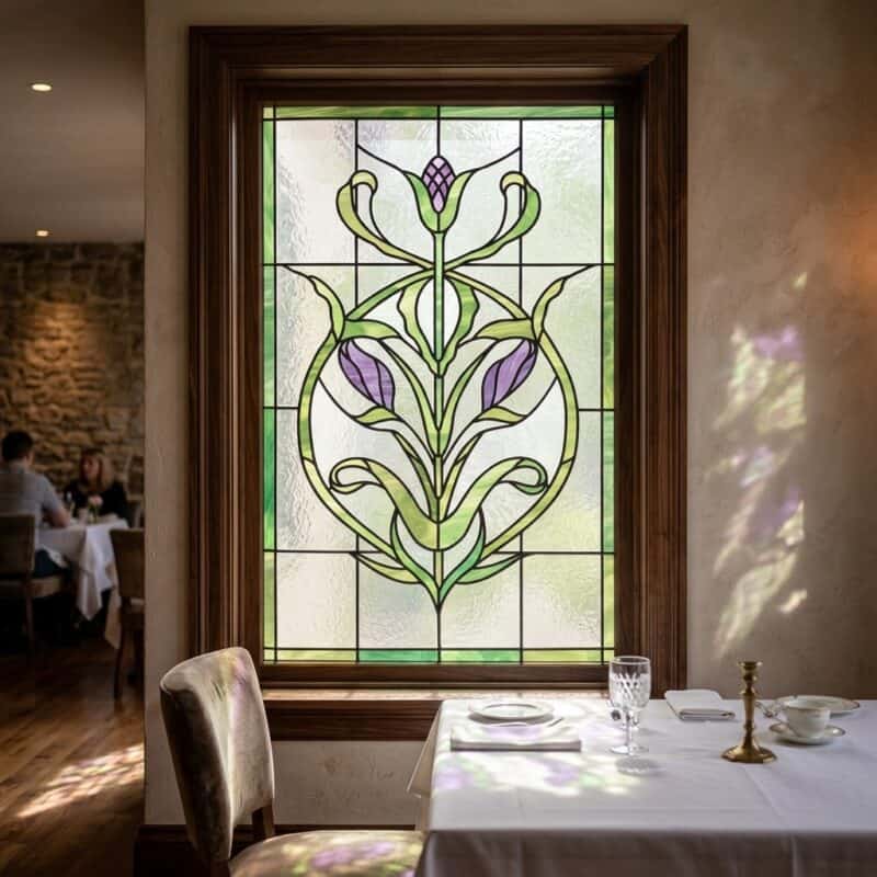 Witraż nowoczesny z motywem kwiatowym w restauracji.