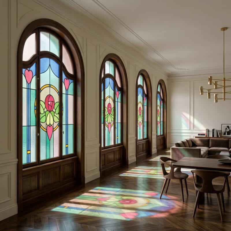 Kolorowe witraże z motywami kwiatów i serc w eleganckim wnętrzu.