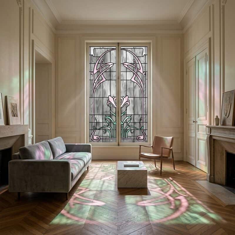 Witraż nowoczesny z motywem kwiatowym, naturalne światło, elegancki salon.
