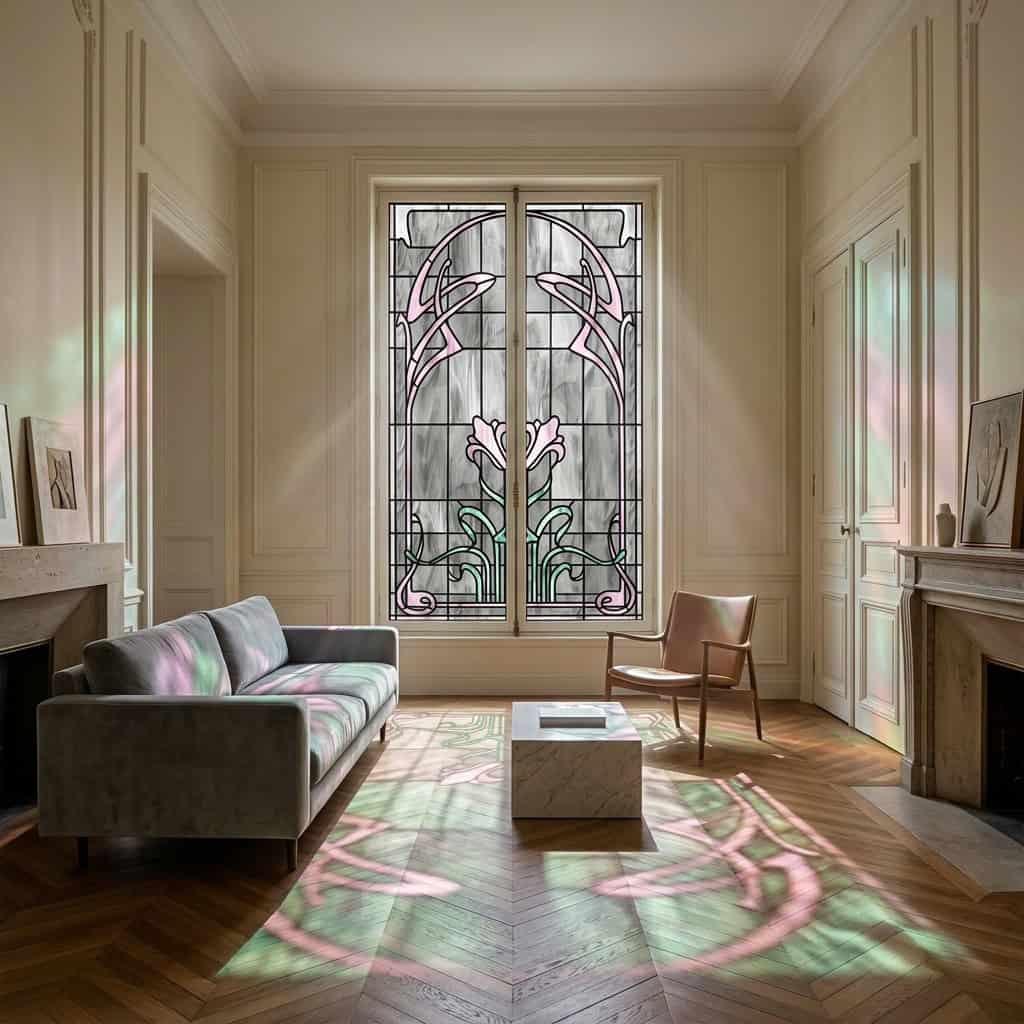 Witraż nowoczesny z motywem kwiatowym, naturalne światło, elegancki salon.