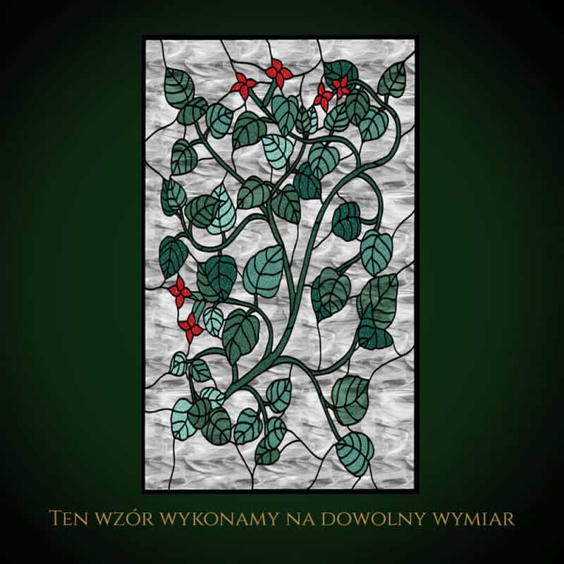 Nowoczesny witraż z zielonymi pnączami i czerwonymi kwiatami na tle.