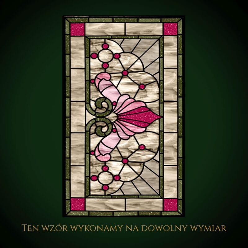 Nowoczesny witraż z motywem muszelki i kolorami różu i beżu.