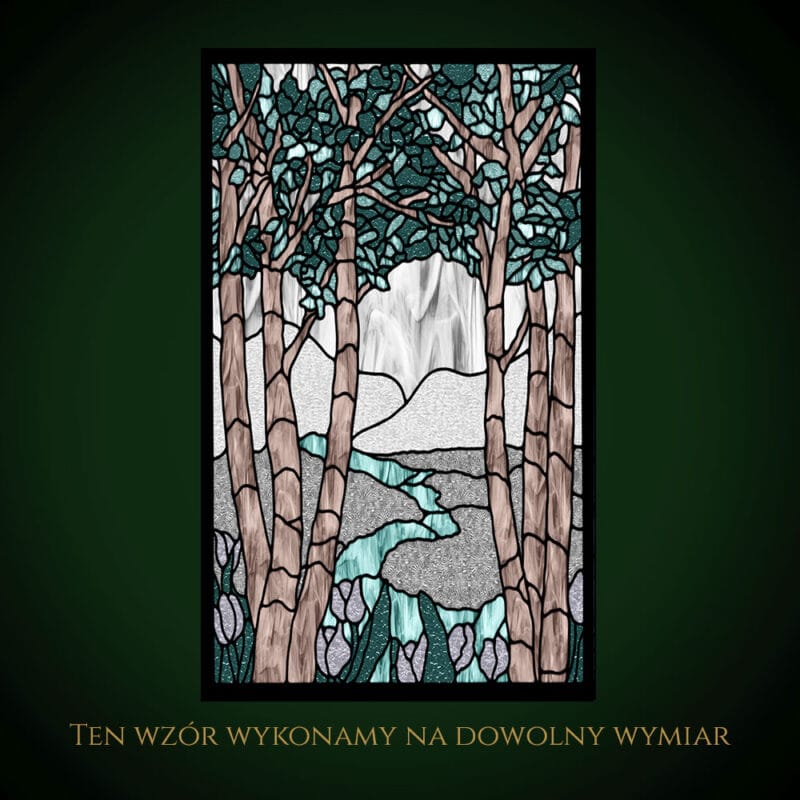 Nowoczesny witraż z motywem krajobrazu i drzew, unikalny design.