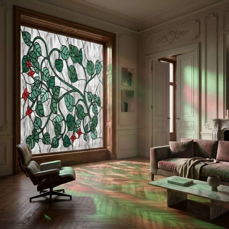 Nowoczesny witraż z zielonymi pnączami i czerwonymi kwiatami w eleganckim salonie.