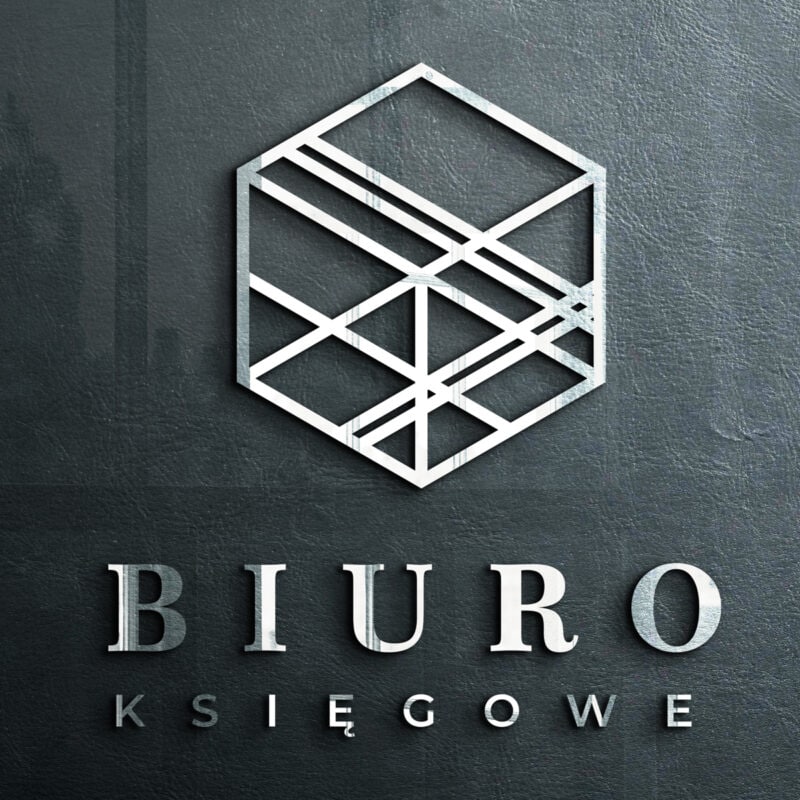 Przestrzenny logotyp biura księgowego na ciemnym tle.