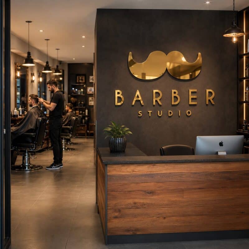 Nowoczesny wystrój salonu barberskiego z logo w stylu wąsów na ścianie.