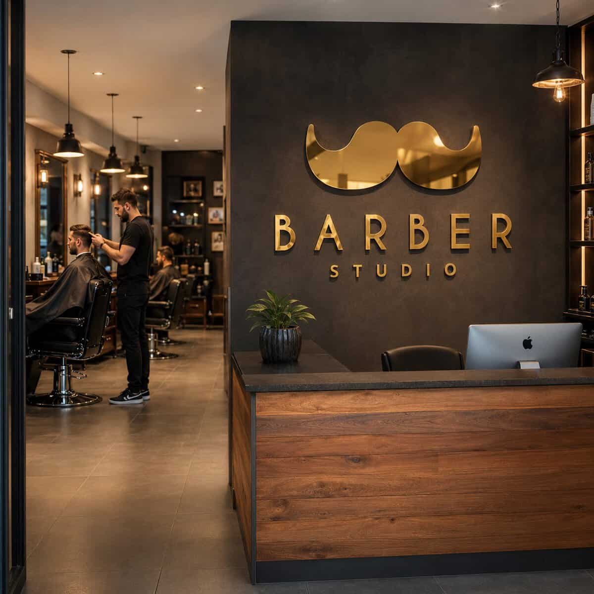 Nowoczesny wystrój salonu barberskiego z logo w stylu wąsów na ścianie.