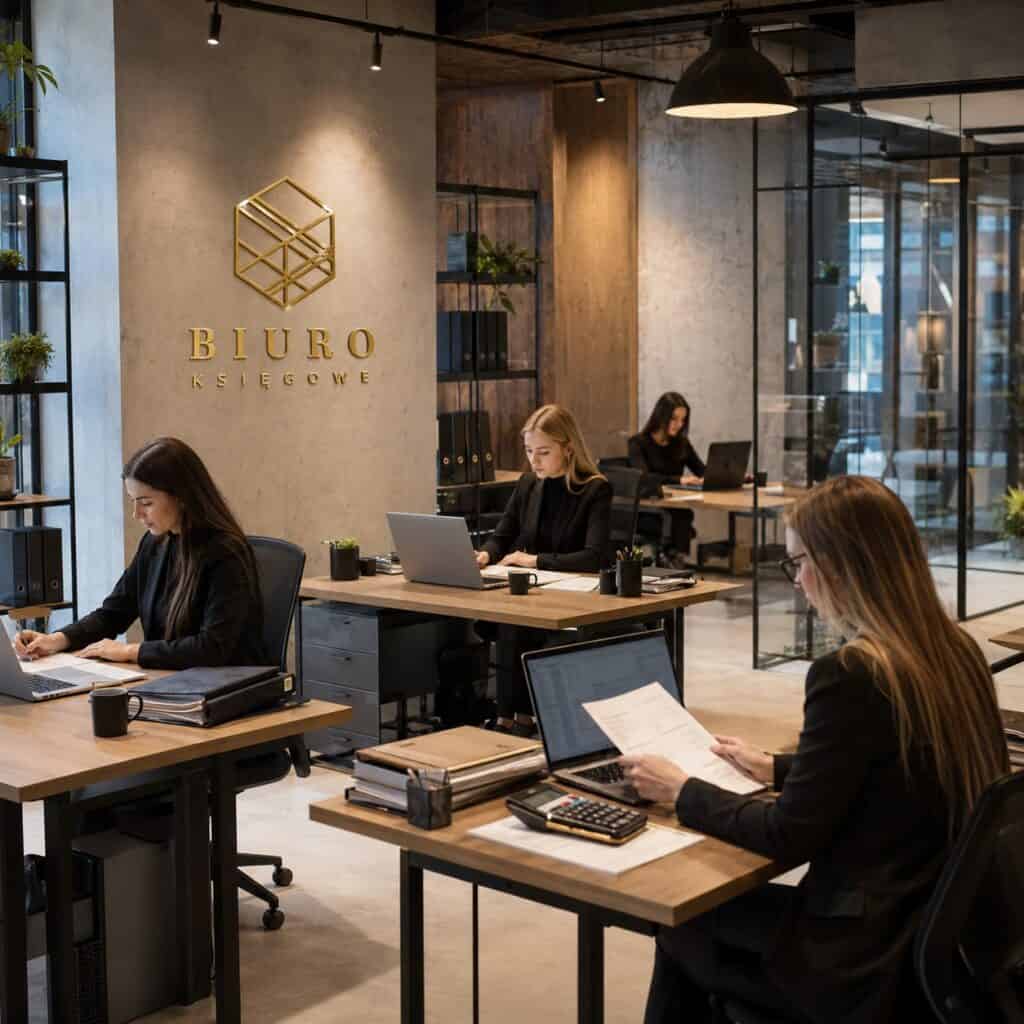 Nowoczesne biuro księgowe z pracownikami przy komputerach.