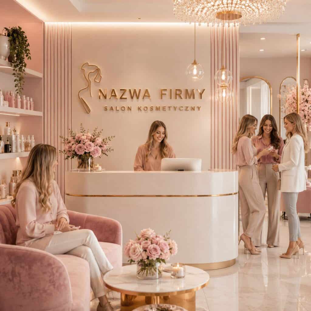 Nowoczesny wystrój salonu kosmetycznego z różowymi akcentami i eleganckim recepcją.
