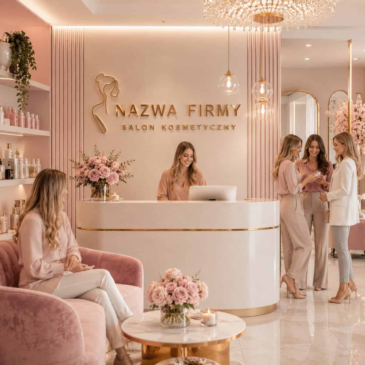 Nowoczesny wystrój salonu kosmetycznego z różowymi akcentami i eleganckim recepcją.