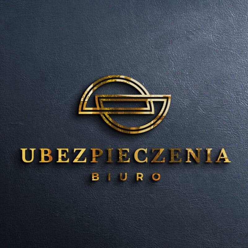 Elegancki złoty logotyp ubezpieczeń na ciemnym tle.