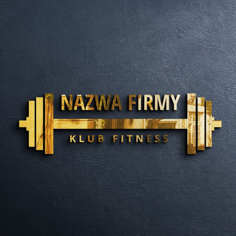 Logo fitness z motywem sztangi i złotym wykończeniem na ciemnym tle.