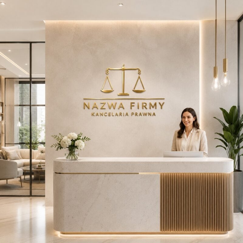 Nowoczesna recepcja kancelarii prawnej z logo i wagą w złotym kolorze.