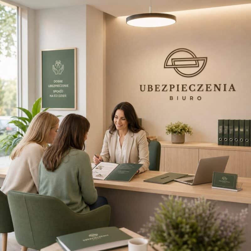 Nowoczesne witraże w biurze ubezpieczeń z logo i zielonymi akcentami.